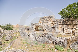 Pamukkale (Hierapolis), Turkey. The ruins of the ancient city buildings