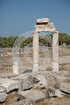 Pamukkale Park, Turkey. Summer landscape with a ruined portico in ancient Hierapolis