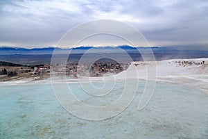 Pamukkale travertines with vapor