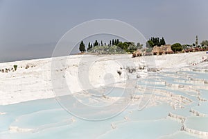 Pamukkale, Turkey. Landscape with beautiful travertine terraces and ruins of ancient city