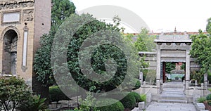 Pan across courtyard of Great Mosque, Xian, China