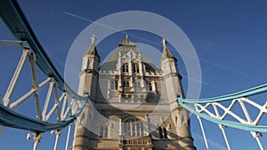 Pan across the south tower of Tower Bridge looking up