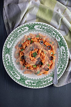 Pan Arrabiata Pasta on a dark background