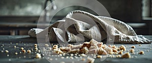 A pan of bread crumbs with a towel on the counter