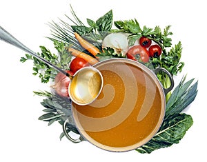 Pan of broth and vegetables isolated