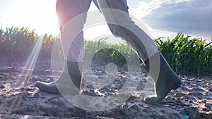 Pan camera movement of female farmer legs walking dirt road at sunset