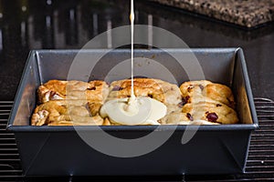 Pan of cinnamon rasin rolls just baked