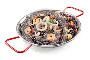 Pan of cooked arroz negro over white