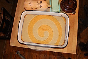 Pan of Cornbread in Metal Baking Pan