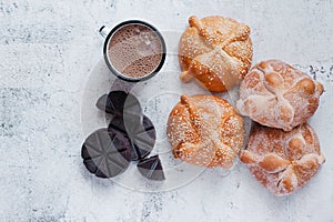 Pan de Muerto and hot chocolate, Mexican bread traditional for day of the Dead in Mexico