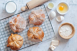 Pan de Muerto, ingredients for Mexican bread recipe traditional for day of the Dead in Mexico