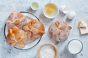 Pan de Muerto, ingredients for Mexican bread recipe traditional for day of the Dead in Mexico