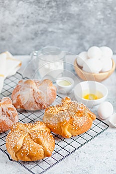 Pan de Muerto, ingredients for Mexican bread recipe traditional for day of the Dead in Mexico