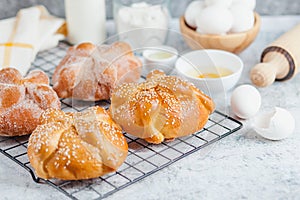 Pan de Muerto, ingredients for Mexican bread recipe traditional for day of the Dead in Mexico