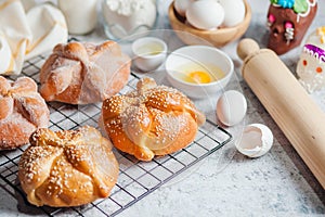 Pan de Muerto, ingredients for Mexican bread recipe traditional for day of the Dead in Mexico