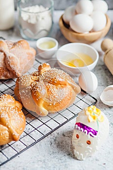 Pan de Muerto, ingredients for Mexican bread recipe traditional for day of the Dead in Mexico