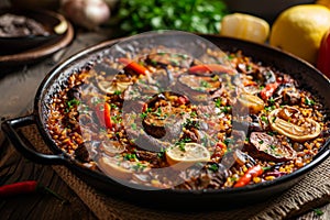 A pan filled with a variety of delectable food items sits on top of a sturdy wooden table, Dish of traditional Spanish Paella