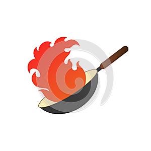 Pan with fire. Wok logo vector illustration with red flames