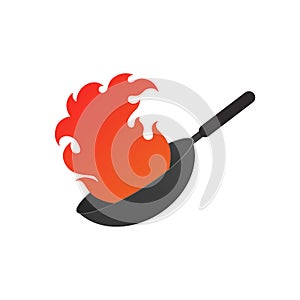 Pan with fire. Wok logo vector illustration with red flames
