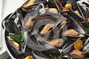 Pan with fresh cooked mussels