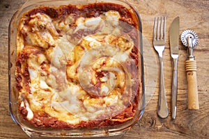A pan of freshly baked lasagna