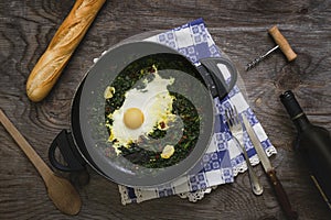 Pan with fried egg and spinaches