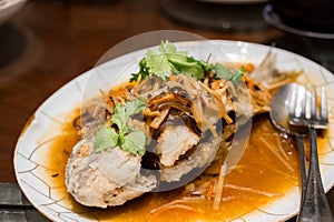 Pan fried fish with sauce in Taiwan restaurant