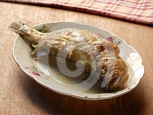 Pan-fried perch fish seafood