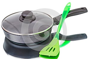 Pan with glass lid and spatula