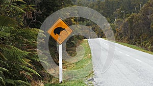 Pan of a kiwi road sign in New Zealand
