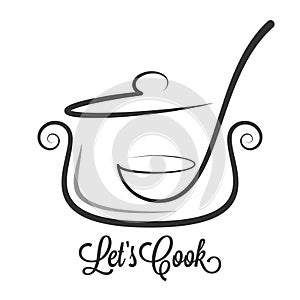 Pan with ladle ornate. Kitchen spoon in a Saucepan pot on white background