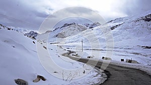 Pan left shot of roads of spiti in winters filled with snow