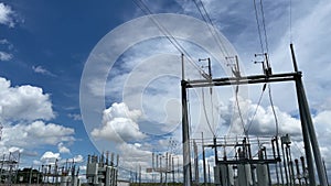 Pan of a massive  power station to a beautiful nature background and blue sky puffy clouds