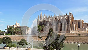 Pan over Cathedral and Royal Palace in Palma de Mallorca - Spain