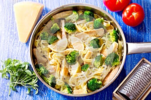 Pan of pasta with chicken and broccoli
