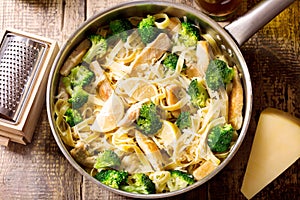 Pan of pasta with chicken and broccoli