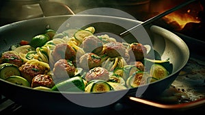 a pan of pasta with meatballs and cucumbers