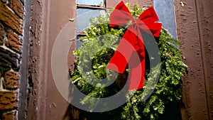 Pan Right Close up Christmas Wreath on door Williamsburg Brooklyn NYC 4k