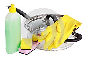 Pan, rubber gloves, cleaning fluid and sponges