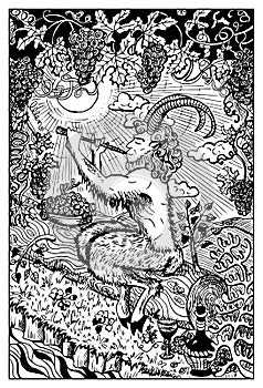 Pan, Satyr. Engraved fantasy illustration photo