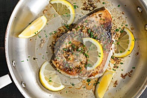 Pan-Seared Lemon Garlic Swordfish in a Skillet