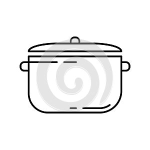 Pan with separate lid. Linear icon of saucepan and cover. Black simple illustration for cooking soup, roast, porridge. Contour