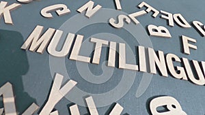 Pan Shot on Multilingual word from wooden blocks of Alphabet letters. High Angle View