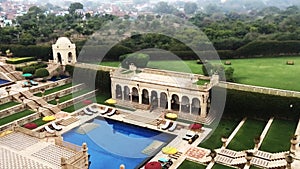 Pan shot of swimming pool area of Hotel Amar Villas, Agra, Uttar Pradesh, India