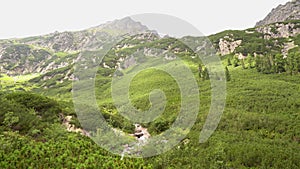 Pan shot of Tatra mountains in summer covered with green trees in Zakopane in Poland, Europe near Wielka siklawa waterfall