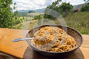 Pan with spaghetti and fork on terrace of rural home, as a symbol of the village life and environment.