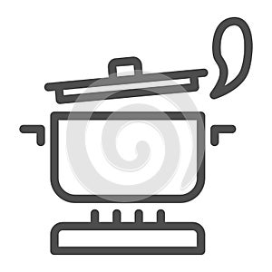 Pan with steam on the gas stove line icon, Cooking concept, Saucepan on fire sign on white background, boiling pot icon