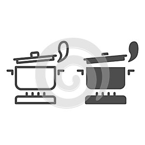 Pan with steam on the gas stove line and solid icon, Cooking concept, Saucepan on fire sign on white background, boiling