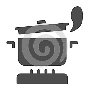 Pan with steam on the gas stove solid icon, Cooking concept, Saucepan on fire sign on white background, boiling pot icon