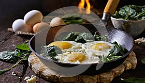 A pan of sunny side up eggs and spinach is on a wooden table with cheese